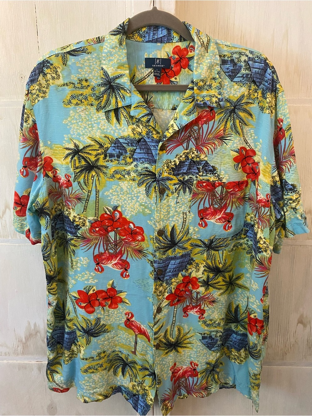 George Tropical Camp Collar Shirt in Light Blue with Red Floral